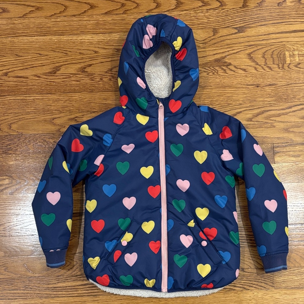 Mini Boden Kids Puffer Jacket - Navy with Multicolor Hearts (size 8-9 youth)